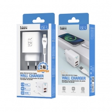 ISER SA0074 CARGADOR 2 PUERTOS USB-A SMART IC CON CABLE LIGHTNING 2.4A BLANCO