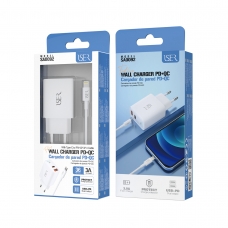 ISER SA0092 CARGADOR PD+QC CON 2 PUERTOS USB-A/TYPE-C+CABLE TYPE-C TO LIGHTNING 36W 3A BLANCO